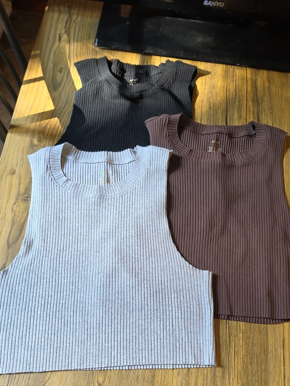 aerie Ribbed Cropped Tank Trio — Black, Brown & Light Gray